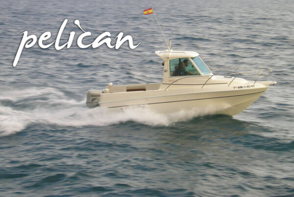Varadero 650 Pelican navegando en la mar con dos tripulantes y nombre del barco en el lateral izquierdo.